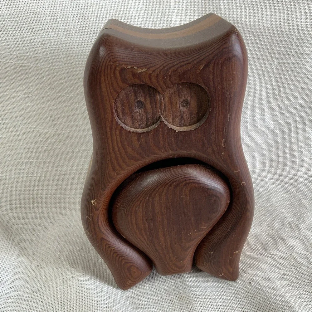 Vintage Hand‎ Carved Redwood Owl Figurine Sliding Drawer Trinket Box 6.5